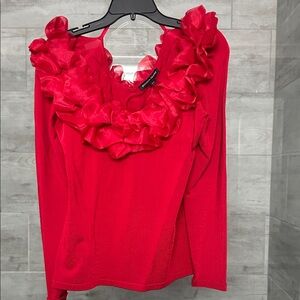 Boston Proper Red Ruffle-Trim Long Sleeve Top